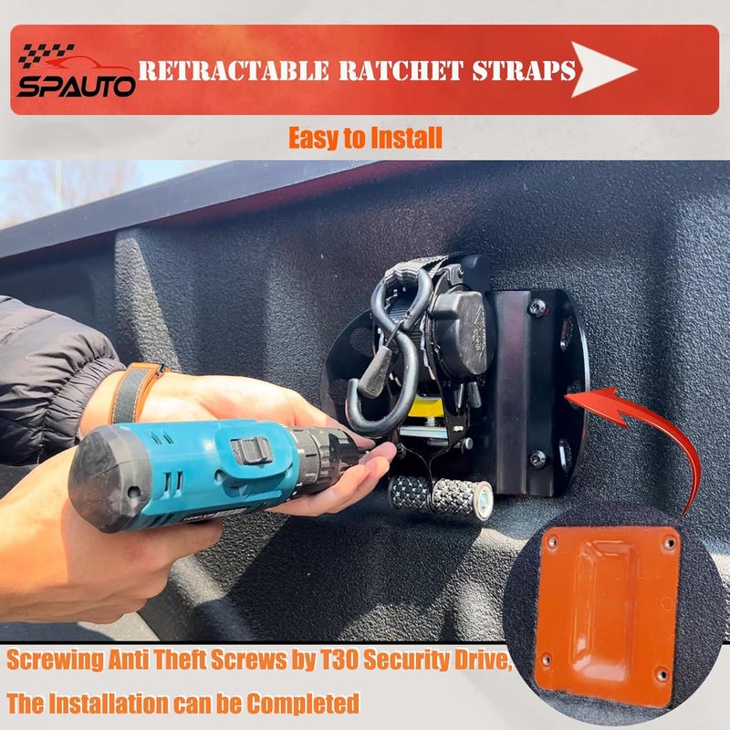 SPAUTO Retractable Ratchet Straps Compatible with 2015-2025 Ford F150, 2PCS Self Retracting Ratchet Straps Tie Down Anchors Box Link Cleats for F250/F350/F450/F550 Super Duty Truck Bed Accessories - Image 2